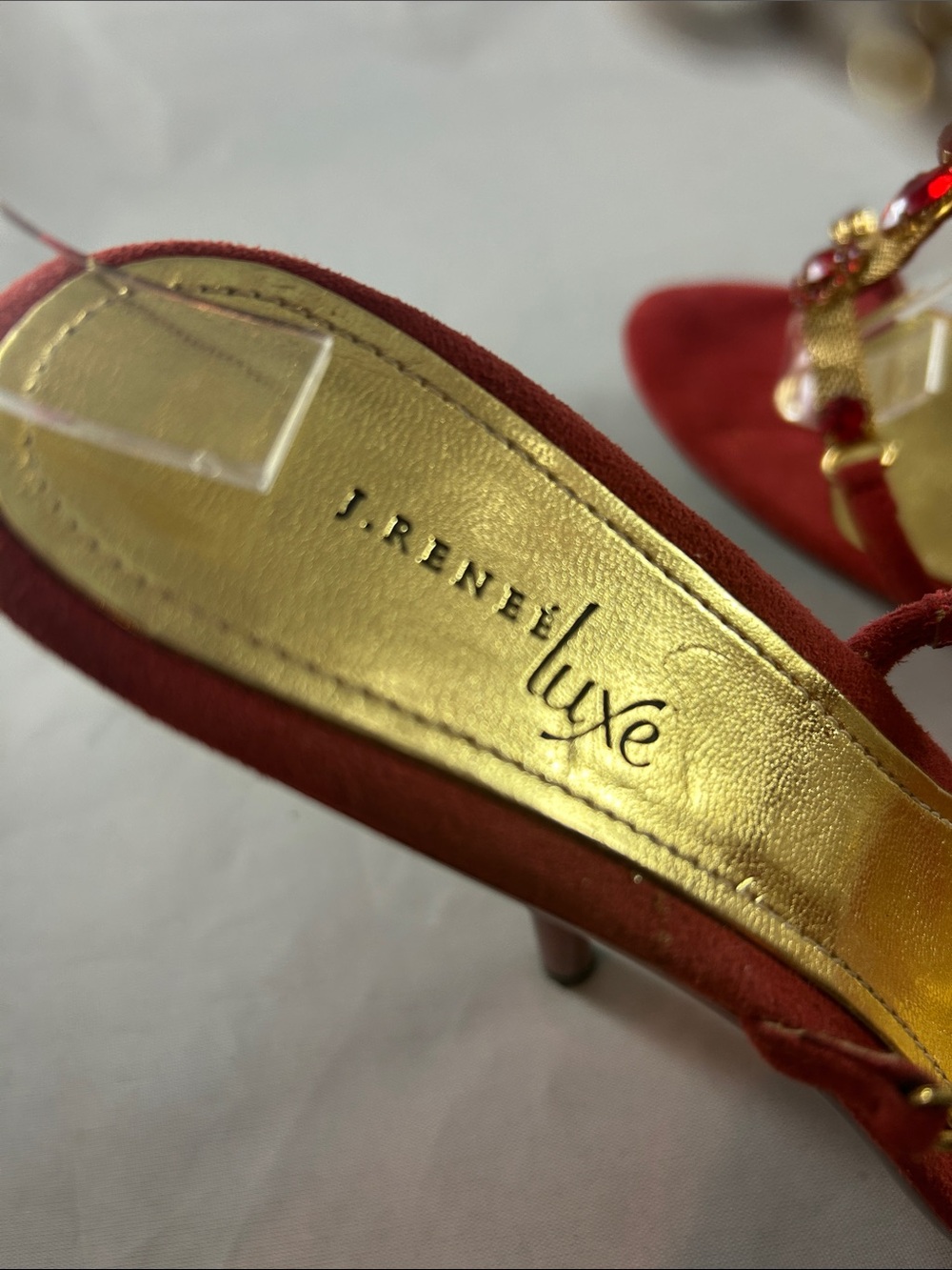 Red Jeweled T-Strap Slingback Heels - Picture 7 of 15
